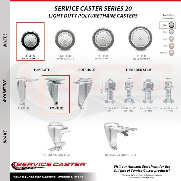 3 Inch Black Polyurethane Wheel Swivel Top Plate Caster Set with 2 Brakes SCC